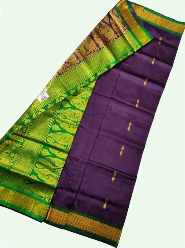 mfm bomkai silk deep purple colour saree with green pallu