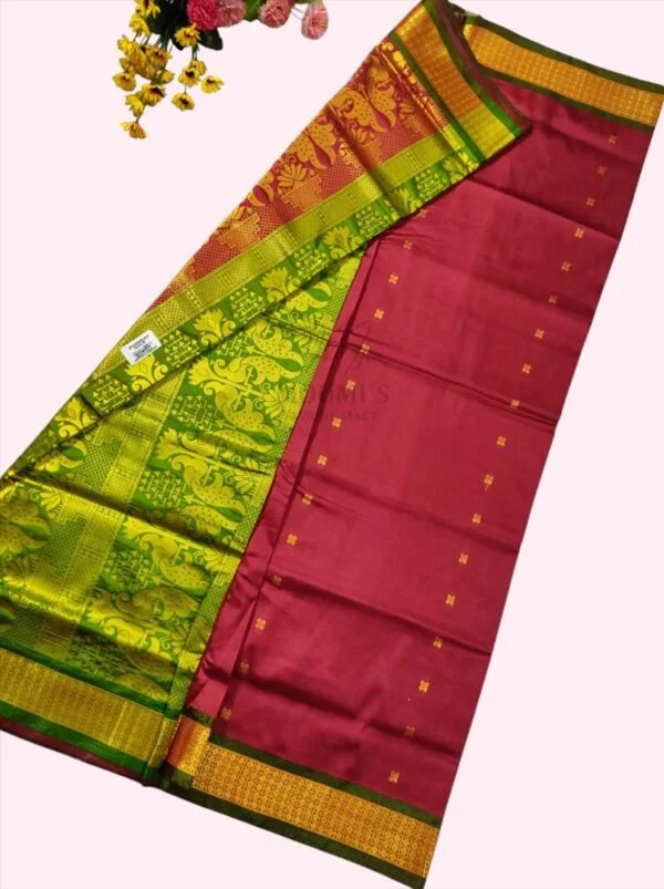mfm bomkai silk maroon colour saree with green pallu kalka design