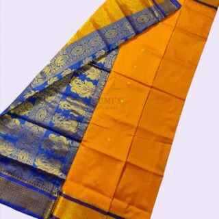 mfm bomkai silk saree of yellow color with blue pallu